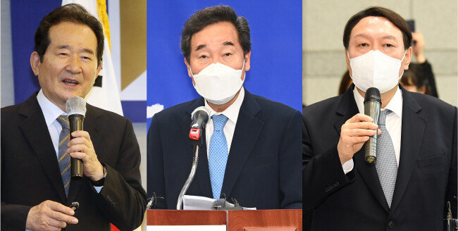 (왼쪽부터)정세균 전 국무총리.
이낙연 전 더불어민주당 대표.
윤석열 전 검찰총장. [동아DB]