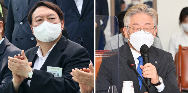 야권과 여권에서 각각 차기 대선주자 선호도 1위를 기록하고 있는 윤석열 전 검찰총장(왼쪽)과 이재명 경기지사. [뉴스1, 뉴시스]