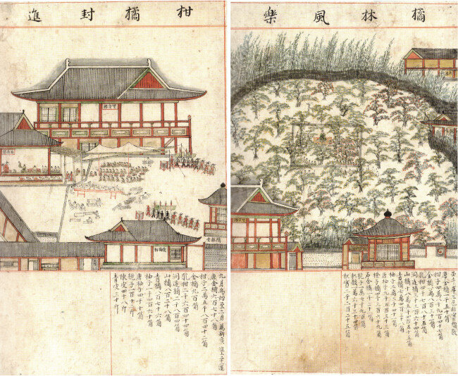 18세기 제주 감귤의 진상 준비 모습을 그린 ‘감귤봉진’(왼쪽). 제주목관아 귤밭에서 벌어진 연희 장면을 그린 ‘귤림풍악’. [제주특별자치도세계유산본부]