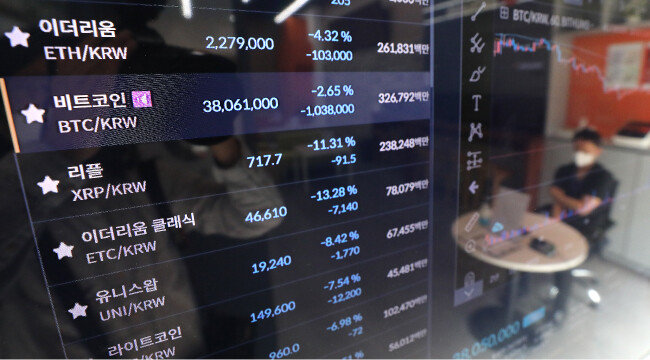 6월 22일 서울 강남구 ‘빗썸’ 고객센터에 암호화폐 시세가 표시되고 있다. 6월 20일 중국 정부가 비트코인 채굴장의 90%를 폐쇄했다는 ‘중국 글로벌타임스’ 보도가 나오며 비트코인 가격은 다음 날 8% 넘게 급락했다. [뉴스1]