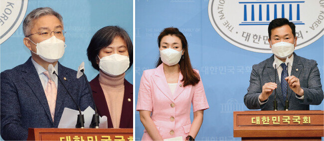 최강욱 열린민주당 대표(왼쪽)가 2월 5일 서울 여의도 국회 소통관에서 ‘오보방지 및 허위보도에 대한 징벌적 손해배상제 도입’ 필요성을 설명하는 기자회견을 하고 있다(왼쪽). 7월 21일 서울 여의도 국회 소통관에서 국회 문화체육관광위원회 소속 국민의힘 김승수(오른쪽), 김예지 의원이 더불어민주당의 언론중재법 개정안 강행처리 시도 중단을 촉구하고 있다. [뉴시스, 뉴스1]