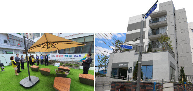 인천도시공사(iH공사)가 2020년 9월 인천 미추홀구 주안5동에 ‘주염골마을 생기 있는 동네 감동 프로젝트 5호 사업’으로 설치한 시민 휴식 공간. 주민들이 즐겨 찾는 곳에 인조잔디와 파라솔, 벤치, 운동기구 등을 설치해 호응을 얻고 있다(왼쪽). iH공사가 ‘도시재생뉴딜사업’의 일환으로 낡은 주택을 허물고 새로운 주거공간을 만든 인천 동구 화수정원 마을. [인천도시공사 제공]