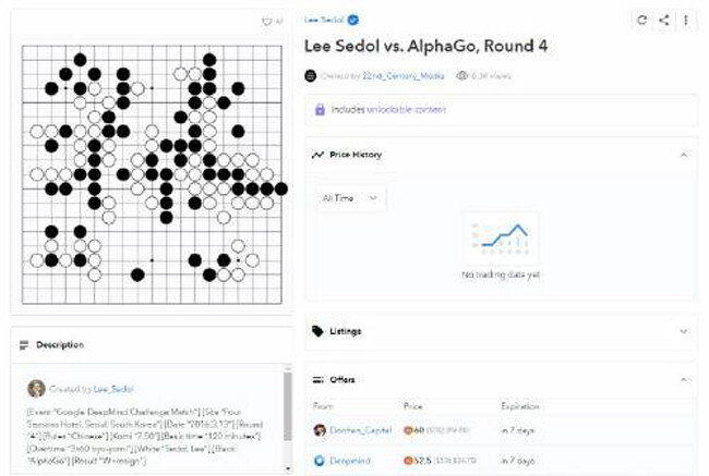블록체인 스타트업 ‘22세기 미디어’는 2016년 이세돌 9단과 알파고의 제4국 대결 과정을 NFT로 만들어 경매에 부쳤다. NFT 거래 플랫폼 ‘오픈씨’에서 5월 11일 60이더리움(당시 가격으로 2억5000만 원)에 팔렸다. [오픈씨 캡처]