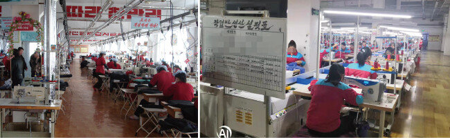 북한 평양에 있는 봉제공장 풍경. 북한은 세계에서 노동력이 가장 저렴한 섬유제품 생산지로 유명하다(왼쪽). 2020년 5월 촬영한 중국 단둥의 한 봉제공장. 북한 노동자들이 일하고 있다. [김승재 제공]