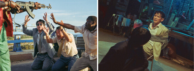 김윤석과 조인성이 주연한 영화 ‘모가디슈’(왼쪽)와 황정민의 연기력이 돋보이는 영화 ‘인질’ 스틸컷. [롯데엔터테인먼트 제공, NEW 제공]