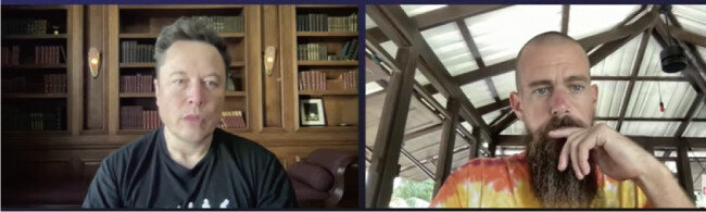 ‘더비워드(The B Word) 콘퍼런스’에 참여한 일론 머스크 테슬라 CEO(왼쪽)와 잭 도시 스퀘어 CEO. [ARK Invest 유튜브 캡처]