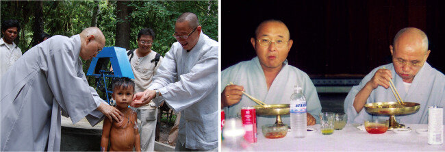 2010년 캄보디아 뜨라빼양 뜨라우에서 열린 초등학교 기공식에 참석한 월주스님(왼쪽). 오른쪽 사진은 북한 농기계수리공장 준공식 참석차 평양을 방문해 옥류관에서 평양냉면으로 식사하는 성우스님(왼쪽)과 월주스님. [금산사 제공, 성우스님 제공]