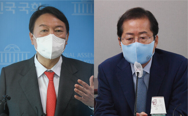 9월 8일 서울 여의도 국회에서 ‘고발 사주 의혹 사건’ 관련 입장을 밝히고 있는 윤석열 전 검찰총장(왼쪽)과 같은 날 서울 용산구 대한의사협회를 찾아 간담회를 진행한 홍준표 국민의힘 의원(오른쪽). [안철민 동아일보 기자]