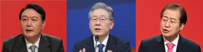 ‘신동아’가 창간 90주년을 맞아 여론조사업체 ㈜폴리컴에 의뢰해 실시한 대선후보 양자 대결 여론조사에서 이재명 경기지사(가운데)는 윤석열 전 검찰총장(왼쪽), 홍준표 의원과 접전을 벌였다. [동아DB]