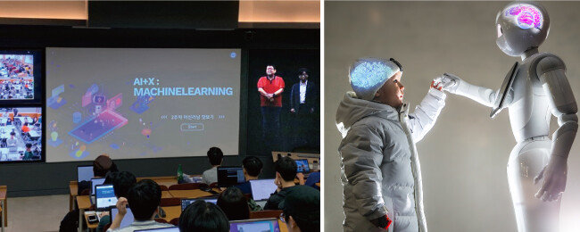 한양대 교육혁신단이 개발한 텔레프레즌스 기반 교육 시스템 ‘하이라이브’(왼쪽)와 원어민 영어 교사 구인난을 해소하는 데 도움이 될 것으로 기대를 모으고 있는 로봇 교사 페퍼. [한양대학교 제공, 동아DB] 