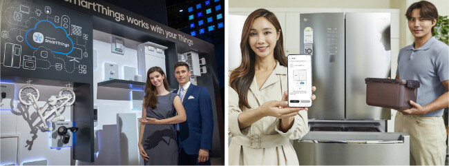 삼성전자는 지난해 1월 미국 라스베이거스에서 열린 가전 박람회 ‘CES 2020’에서 ‘스마트싱스(SmartThings)’ 앱과 연동한 스마트홈 서비스를 선보였다(왼쪽). 스마트폰에 ‘LG 씽큐 앱’을 설치한 뒤 특정 브랜드 김치 제품 포장지의 바코드를 촬영하면 LG 김치냉장고가 해당 제품 특징을 인식해 가장 적합한 보관 온도 및 시간을 자동으로 설정한다. [삼성전자 제공, LG전자 제공]