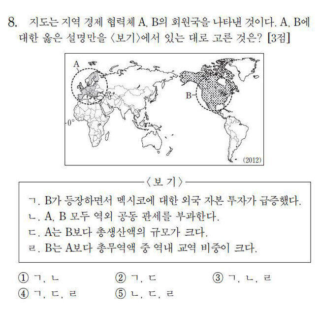 출제 오류가 인정된 2014학년도 수능 세계지리 8번 문항. 당시 수험생들의 문제제기에 평가원은 “상위권 학생들은 정답을 맞혔다”고 반박했다. [한국교육과정평가원 제공]