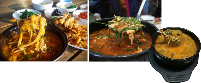 민물고기를 푹 끓여 만든 육수에 향신 채소를 넣고 밥을 말아 걸쭉하게 익혀내는 어죽. 자연산 홍합으로 끓인 섭국. 얼큰하고 뜨끈한 맛이 일품이다. 전남 순천의 짱뚱어탕. 고소한 짱뚱어 육수에 된장을 풀고 시래기 등을 넣어 끓인다(왼쪽부터). [한국관광공사 제공, 동아DB]