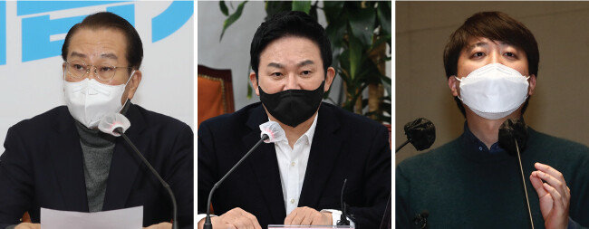 윤석열 국민의힘 대선후보 선거대책위원회의 삼두마차로 꼽히는 권영세 선대본부장, 원희룡 정책본부장, 이준석 대표(왼쪽부터). 
 [동아DB]