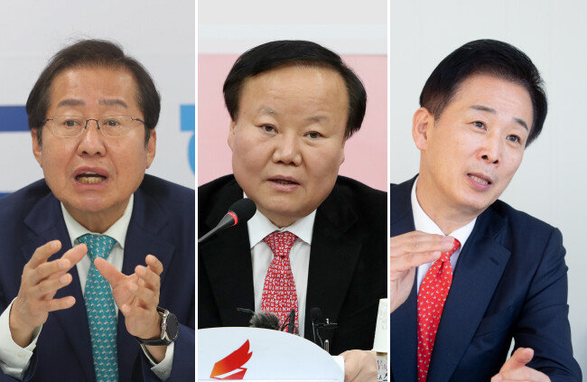 대구시장 출마를 선언한 홍준표 국민의힘 의원, 김재원 국민의힘 최고위원, 유영하 변호사(왼쪽부터). [동아DB, 뉴스1, 지호영 기자
]