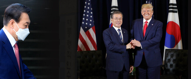 윤석열 대통령 당선인(왼쪽). 2019년 9월 23일(현지 시간) 문재인 대통령(왼쪽)과 도널드 트럼프 당시 미국 대통령이 미국 뉴욕 인터콘티넨털 바클리 호텔에서 한미 정상회담을 갖기 전 손을 맞잡고 기념촬영을 하고 있다. [장승윤 동아일보 기자, 뉴욕=박영대 동아일보 기자]