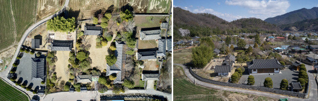 왼쪽 사진 왼쪽부터 쿠쿠전자 구자신 생가, LIG 구자원 본가, LG 창업주 구인회 생가. 오른쪽 사진은 생가 세 곳을 정면에서 촬영했다. [홍중식 기자]