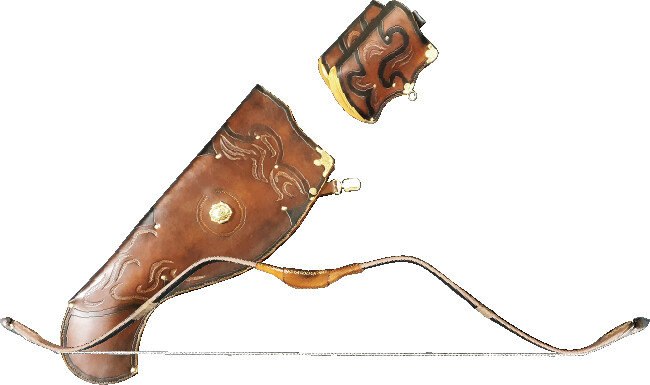 맞춤 제작한 활과 동개(궁대와 시복을 함께 일컫는 말) 일습.