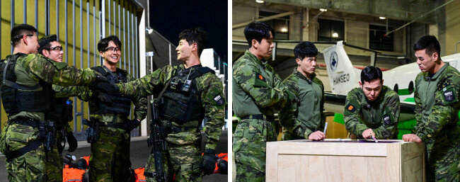 ‘강철부대2’ 항공기 쟁탈전 미션이 종료된 직후(왼쪽)와 미션 수행을 위해 작전을 짜는 모습. [채널A]