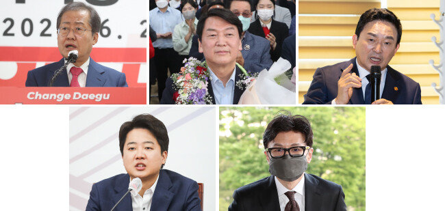 여권 내 차기 대권 구도에서 오세훈 서울시장의 경쟁자로 꼽히는 홍준표 대구시장 당선자, 안철수 국민의힘 의원, 원희룡 국토교통부 장관, 이준석 국민의힘 대표, 한동훈 법무부 장관(왼쪽 위부터 시계방향). [뉴스1]