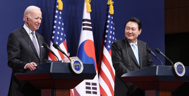 5월 21일 서울 용산 대통령실 청사에서 열린 한미 정상회담 공동 기자회견에서 조 바이든 미국 대통령(왼쪽)이 발언하고 있다. [양회성 동아일보 기자]