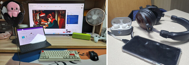 최인범(23) 씨는 취미 생활을 위해 태블릿 PC, 데스크톱 PC는 물론 고급 모니터, 게임기까지 구매했다(왼쪽). 오동재(23) 씨가 중고 거래를 통해 구매한 전자기기들. [진현준]