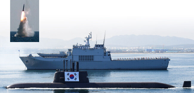 도산안창호급 잠수함과 잠수함에서 발사된 SLBM(Submarine-Launched Ballistic Missile). [국방부]