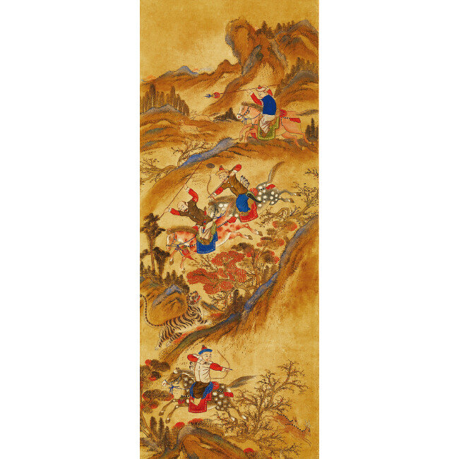 호렵도(虎獵圖) | 19세기. 지본 채색. 8폭 병풍 가운데 1폭 117 x 45㎝ 호랑이 사냥 그림인 ‘호렵도’는 역동적·전투적 분위기를 풍긴다. 무관의 거처나 군대 시설물의 장식 병풍으로 많이 사용됐다.