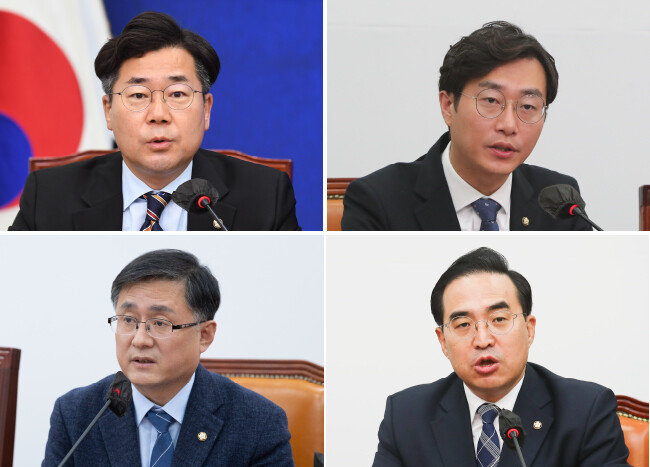 김의겸 의원이 제기한 청담동 술자리 의혹을 거들고 나선 민주당 인사들 박찬대. 장경태 최고위원과 박홍근 원내대표, 김성환 정책위의장(왼쪽부터 시계방향). 동아DB