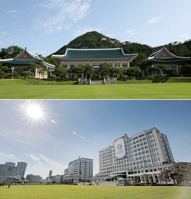 대통령비서실이 대통령실로 이름을 바꾸고 청와대에서 용산으로 위치만 옮겼을 뿐 참모 조직이 나라를 이끄는 거버넌스가 계속되고 있다는 지적이 나온다. 청와대(위)와 용산 대통령실. [동아DB]