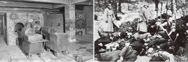 충남 천안시 독립기념관이 폴란드 아우슈비츠 비르케나우 국립박물관과 공동으로 특별기획전을 개최하며 공개한 아우슈비츠 수용소 최초의 가스실 사진(왼쪽). 나치가 유대인을 학살하는 현장. [뉴시스, Gettyimage]