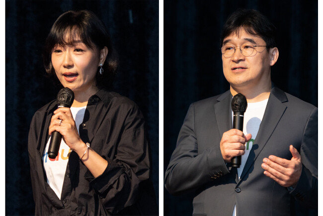 4월 5일 서울 서초구 양재동 aT센터 그랜드홀에서 열린 ‘maum.ai 2.0 오픈 및 휴먼 M3 공개’에서 손병희 마음AI 전무가 행사 시작을 선언하고 있다(왼쪽). 4월 5일 서울 서초구 양재동 aT센터 그랜드홀에서 열린 ‘maum.ai 2.0 오픈 및 휴먼 M3 공개’에서 유태준 마음AI 대표는 “‘maum.ai 2.0’은 최신·최고 인공지능 연구학 기술이 집약됐다”고 설명했다.[ 박해윤 기자]