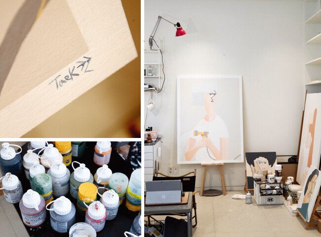 윤형택 작가의 작업실 풍경. 화이트 톤 가구와 붉은색 디자인 조명이 곳곳에 놓여 있다. 