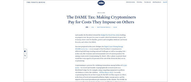 5월 2일 백악관은 디지털자산채굴에너지 소비세(Digital Asset Mining Energy excise tax·DAME Tax) 추진 방안을 발표했다. [동아DB]