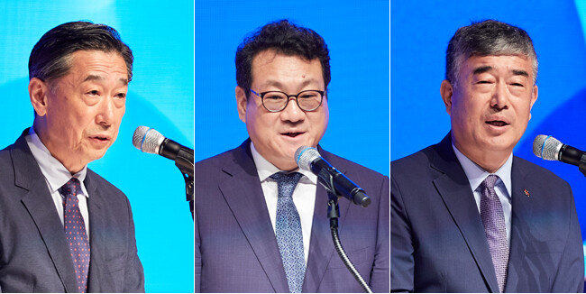 (왼쪽부터)오준 K-기업가정신 진주 국제포럼 공동위원장이 환영사를 하고 있다. 김재구 한국경영학회 회장이 K-기업가정신 진주 국제포럼에서 축사를 하고 있다. 안완기 한국생산성본부 회장이 K-기업가정신 진주 국제포럼에서 축사를 하고 있다.