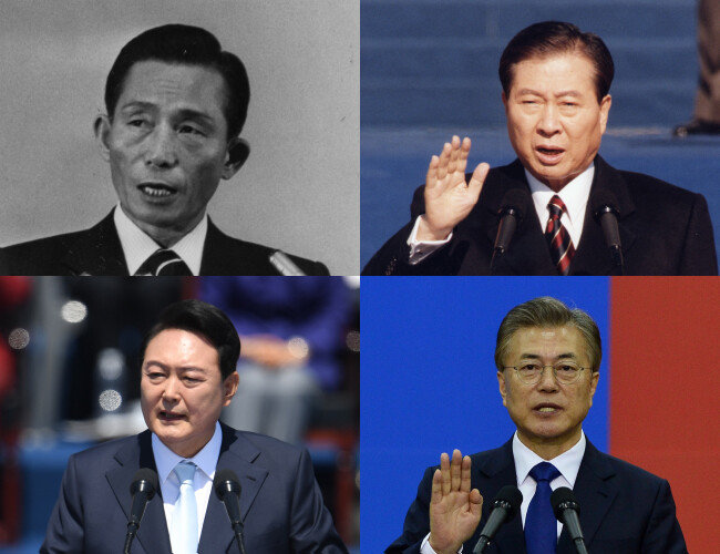 박정희, 김대중, 문재인 전 대통령과 윤석열 대통령.(왼쪽 위부터 시계방향) [동아DB]