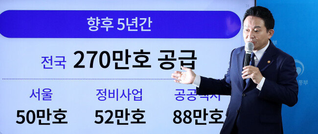 지난해 8월 16일 서울 종로구 정부서울청사에서 원희룡 국토교통부 장관이 윤석열 정부 첫 주택공급대책을 발표하고 있다. 이날 원 장관은 “향후 5년간 270만가구를 공급할 것”이라고 말했다. [뉴스1]
