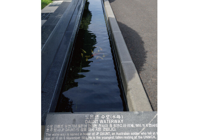 주묘역과 참전용사묘역을 구분하는 도은트 수로. 6·25전쟁에서 생사가 갈린 것을 상징한다. 전사자는 왼쪽 주묘역에, 생환한 용사는 오른쪽 참전용사묘역에 안장돼 있다. [조영철 기자]