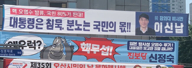 경기 오산시 롯데마트 오산점 맞은편에 이신남 전 대통령 비서관과 신정숙 진보당 지역위원장이 내건 플래카드가 걸려 있다.