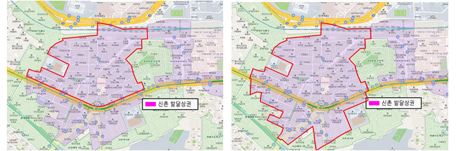 1월 5일 서울시는 매출 증감 분석 대상을 ‘연세로’(왼쪽)로 발표했지만, 상반기 매출 증감 분석 때에는 신촌역 상권에 연세로에 마포구 인근까지 포함시켜 통계를 작성한 것으로 나타났다. [서대문구청]