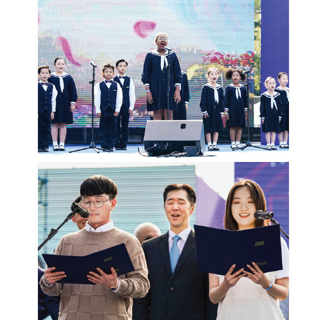 국내 최초 다문화가정 어린이들로 이뤄진 ‘레인보우합창단’이 ‘아름다운 나라’를 부르고 있다(위). 통일 크루들이 ‘코리안드림 선언문’을 낭독하는 모습. 홍태식 객원기자