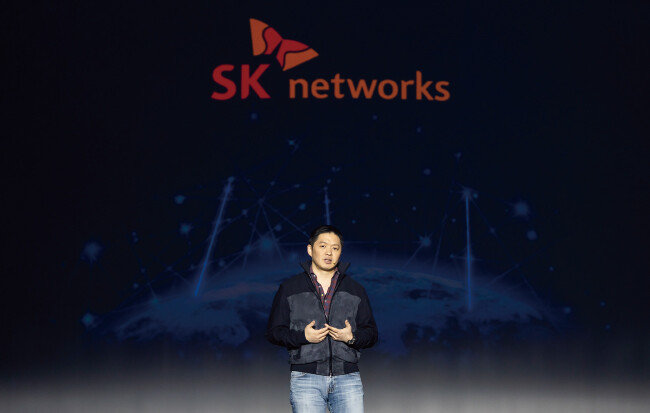 2월 22일 서울 광진구 워커힐 호텔앤리조트에서 SK네트웍스가 개최한 ‘글로벌 투자 사업 설명회’에서 최성환 SK네트웍스 사업총괄이 환영사를 하고 있다. [SK네트웍스]