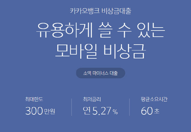 카카오뱅크 홈페이지에 게시된 소액 대출 서비스 안내문엔 300만 원 이하의 금액을 1분 만에 빌릴 수 있다고 적혀있다. [카카오뱅크]