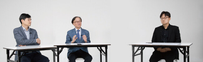 10월 6일 정형·윤채근·홍성준 단국대 교수 3인은 대담에서 “인문학도 실생활에 쓸모가 있어야 한다”고 말했다. 왼쪽부터 윤채근, 정형, 홍성준 교수. [지호영 기자]