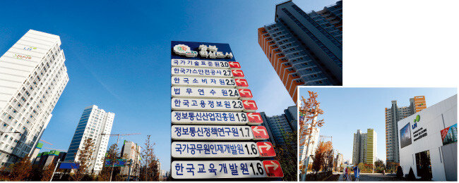 충북혁신도시는 2020년 아파트 입주가 마무리되면 거주 인구가 5만 명을 넘어설 것으로 예상된다(왼쪽). 현재 한국토지주택공사(LH)에서 아파트를 분양 중이다.[김성남 기자]