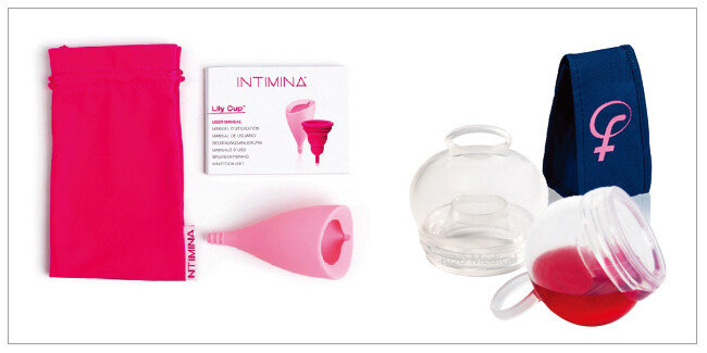 생리컵은 기본적으로 입구가 원형인 종 모양인데, 브랜드에 따라 생김새가 다르다. 대중적으로 사용되는 릴리컵(왼쪽)과 페미싸이클.[출처   ·   해당 홈페이지]