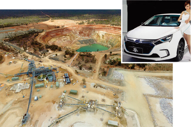 호주 마리온 리튬광산(아래[mineral resources.com])과 중국 최대 전기자동차 회사 비야드(BYD)가 선보인 전기차. [사진 제공·BYD]