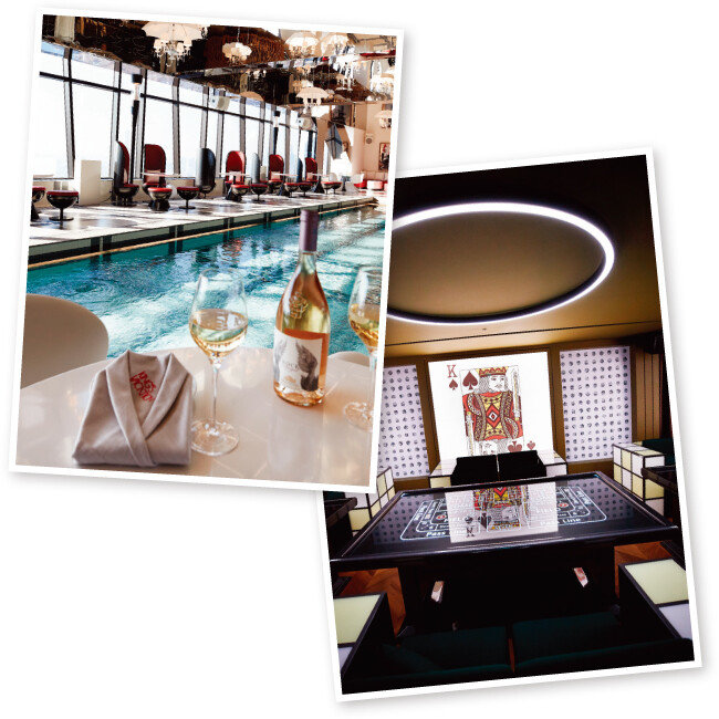 실내수영장과 바가 어우러진 독특한 분위기의 31층 라운지바 ‘킹스베케이션’(왼쪽)과 카드 게임을 테마로 한 33층 ‘스파이 앤파티 룸’.[홍중식 기자]