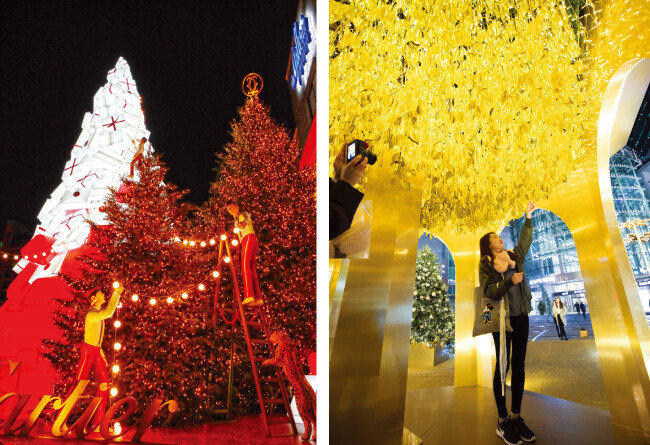 서울 압구정 갤러리아 백화점 앞 크리스마스트리(완쪽)와 영등포 타임스퀘어 앞 트리. [박해윤 기자]