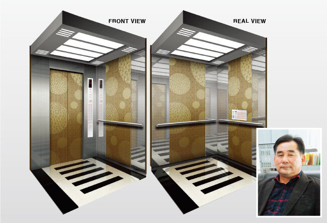 신소재 큐브메탈을 사용한 한진엘리베이터 제품의 내부 모습(왼쪽)과 박갑용 대표.
